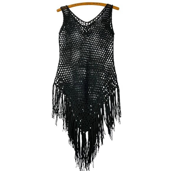 Black Crochet Midi Dress Fringe Boho Sheer Beach Cover Up one size - Picture 9 of 9